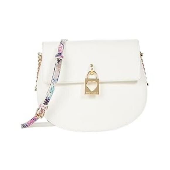 BETSEY JOHNSON Mimi Saddle Bag White Snakeskin Gold Tone Chain Strap Heart Lock - Picture 1 of 6